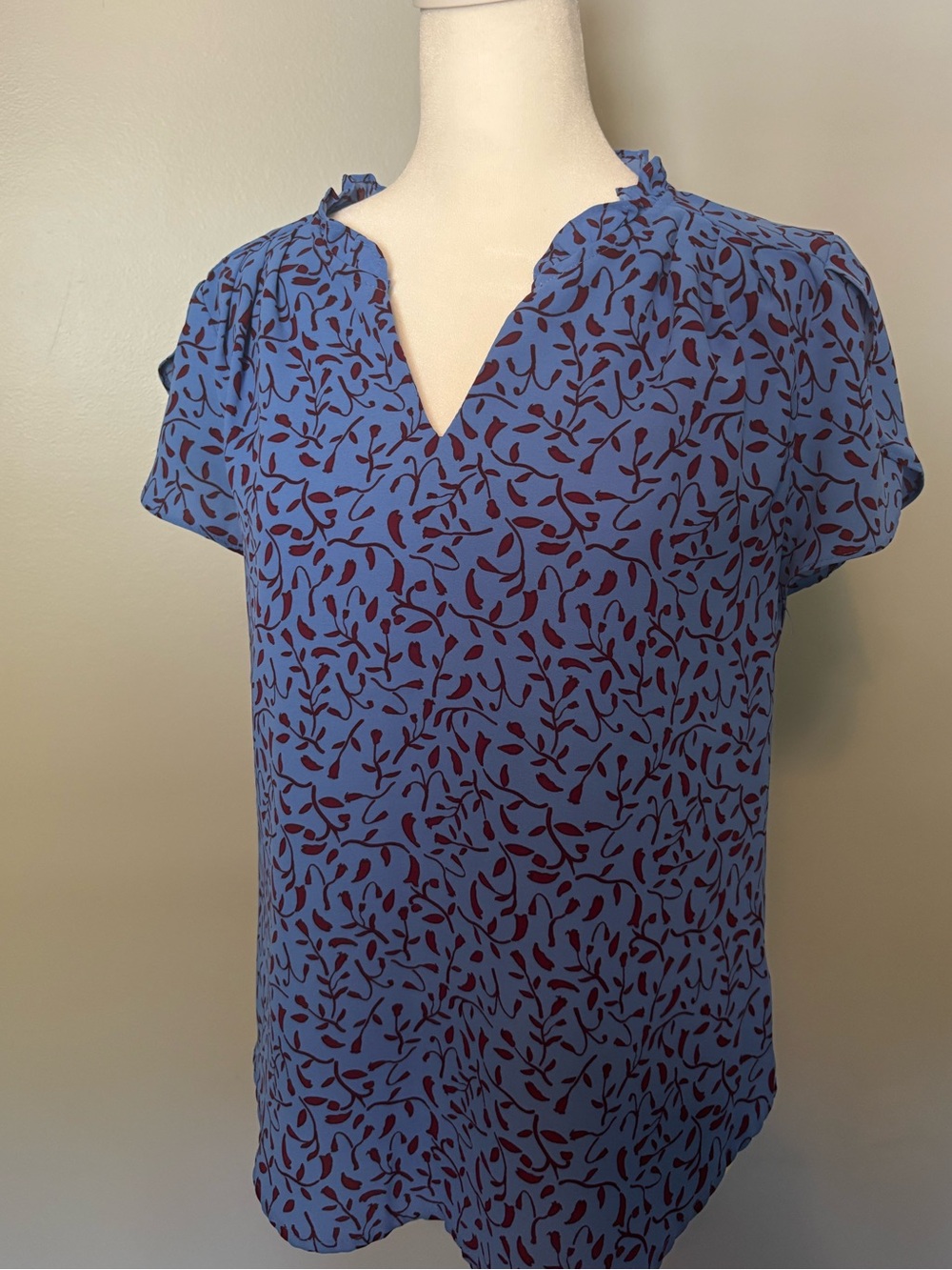 41 Hawthorn Blue Blouse with Maroon Leaf Motif
